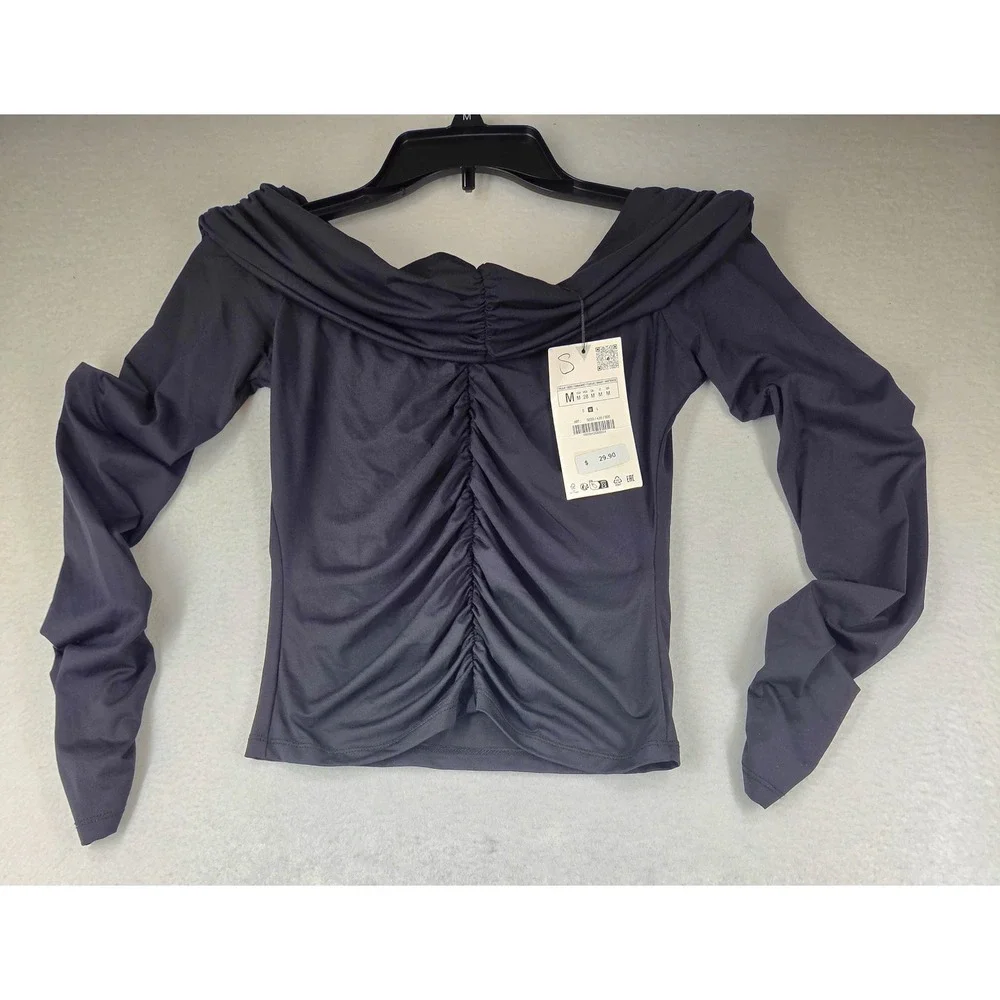 Zara Womens Black Ruched Off The Shoulder Long Sleeve Top Size M 5039/428/800